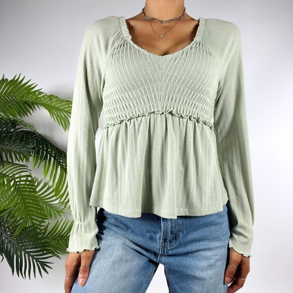 Womens Sage Green Coquette Cottagecore Smocked Long Sleeve Babydoll Top / Small - Picture 1 of 6